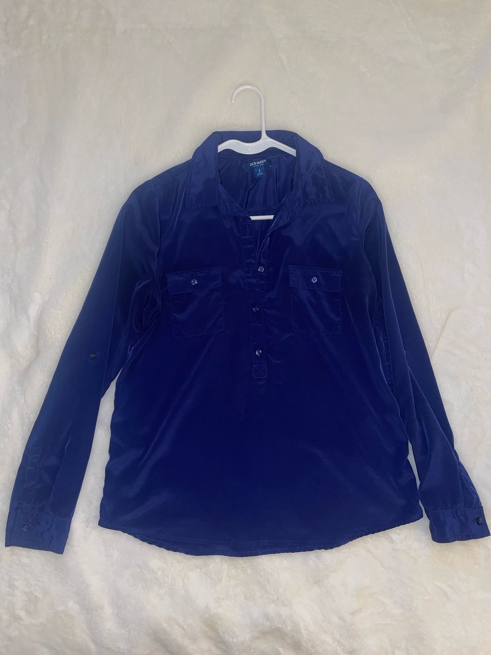 Old Navy Navy Blue Satin Look Button-Down Blouse Classic Office Work Longsleeve - Picture 2 of 11